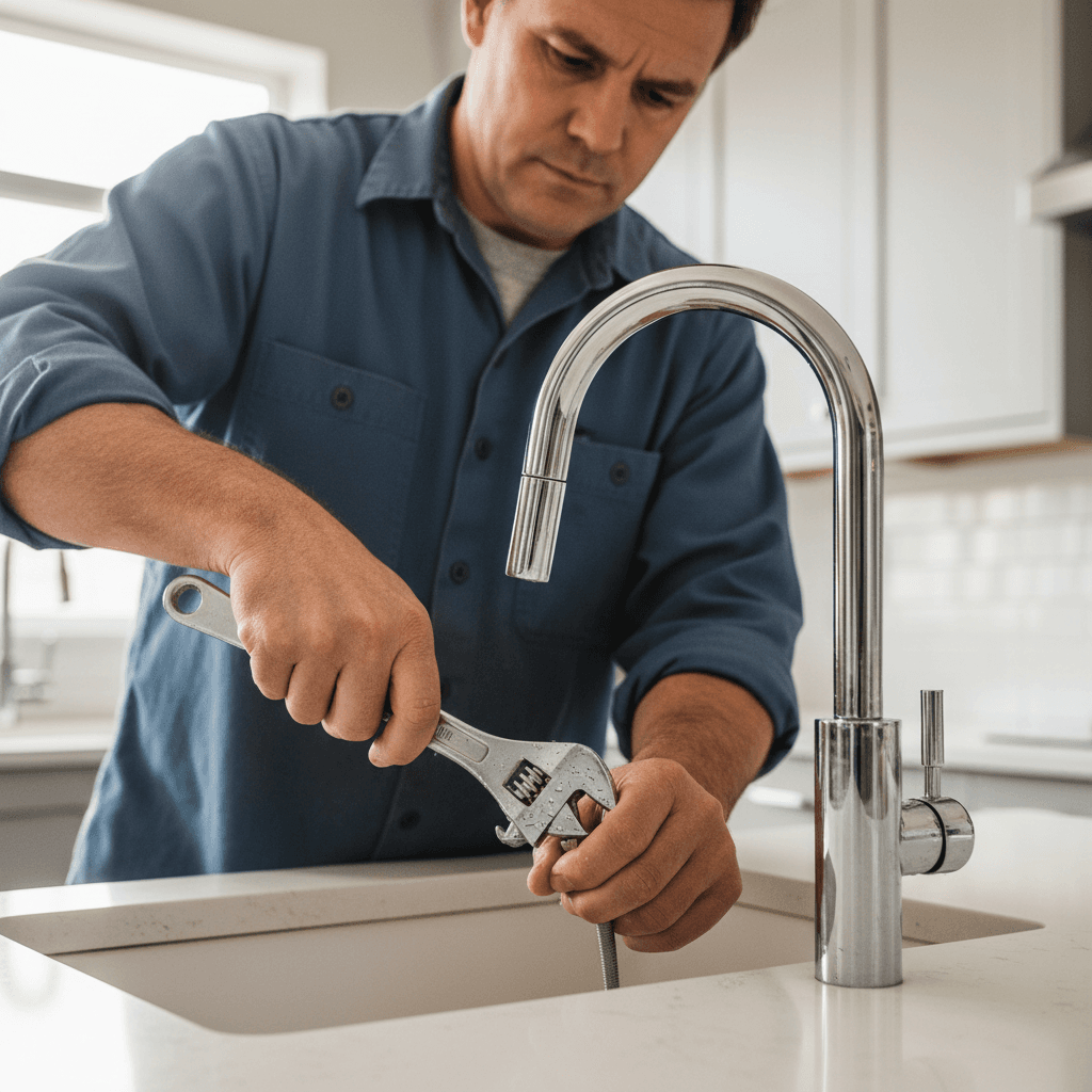 Hands fixing a kitchen faucet with tools nearby