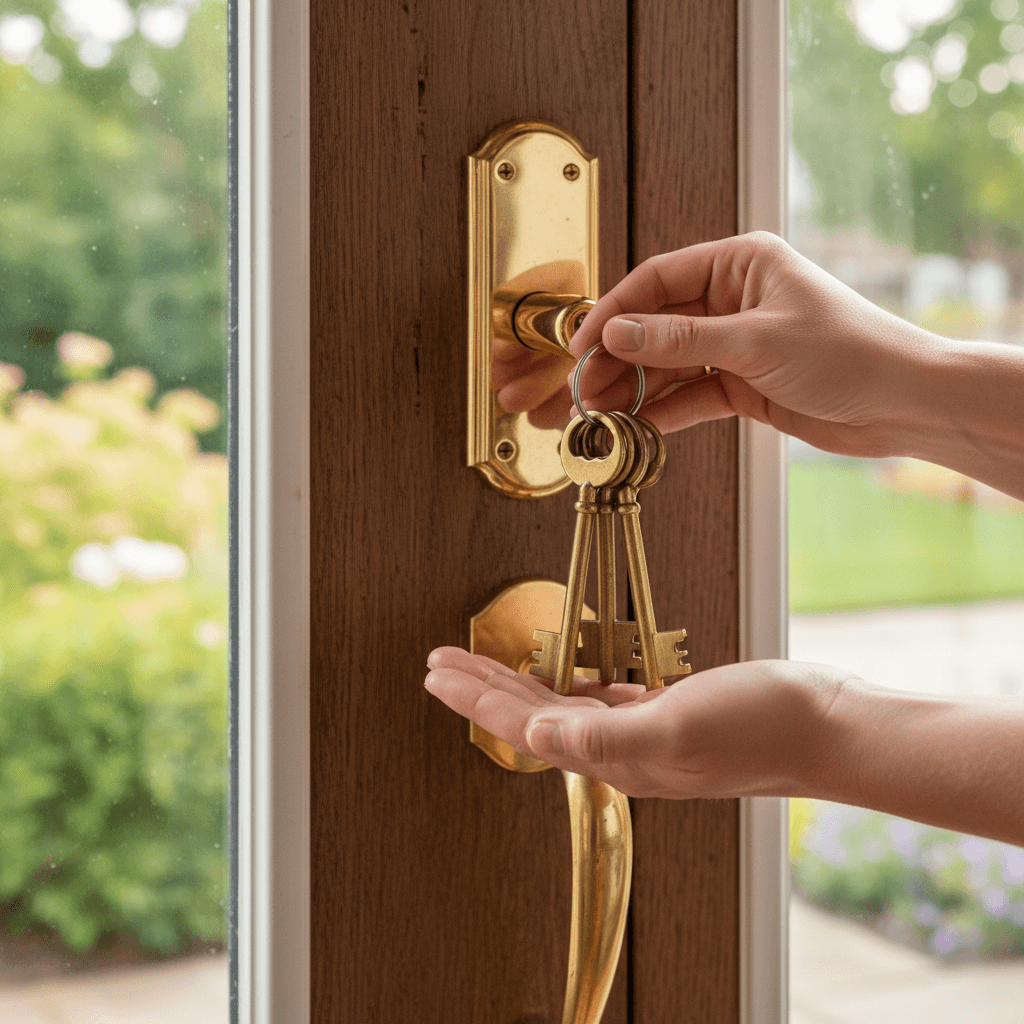 Hand unlocking a front door on a sunny Boise street