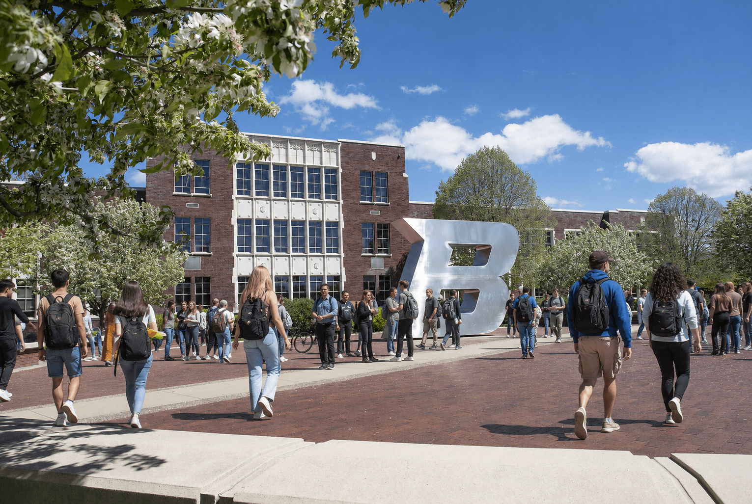 Students walk past blooming trees across a brick plaza toward a large silver B sculpture.