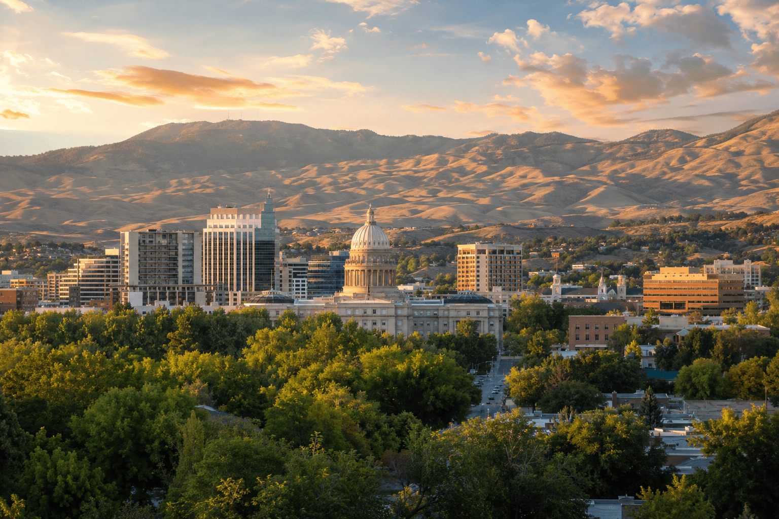 Boise skyline at sunset featuring the Idaho State Capitol dome, lush trees, and rolling foothills.