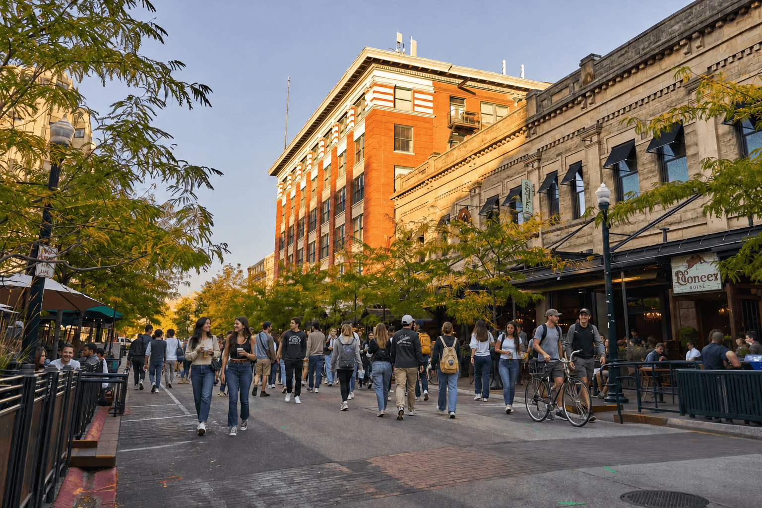 Crowds stroll along a sunlit pedestrian street lined with trees and historic brick buildings.