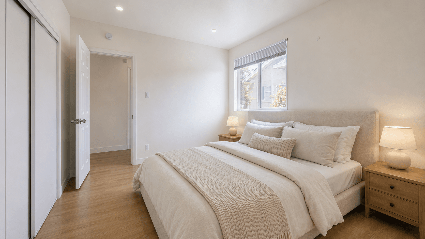 Bright minimalist bedroom featuring a beige upholstered bed, wooden nightstands, and light wood floors.
