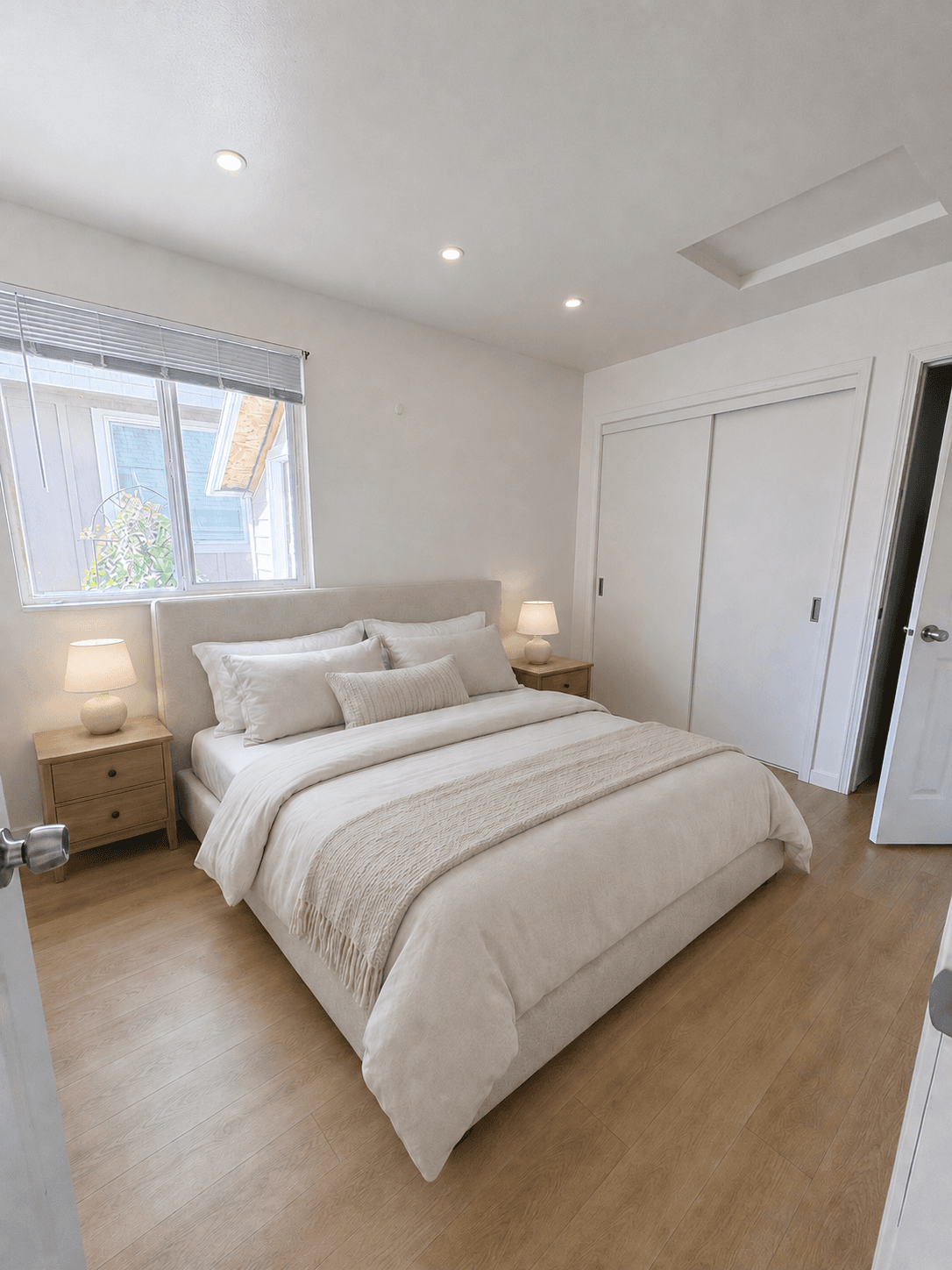 Modern neutral bedroom with a beige bed, wooden nightstands, and white sliding closet doors.
