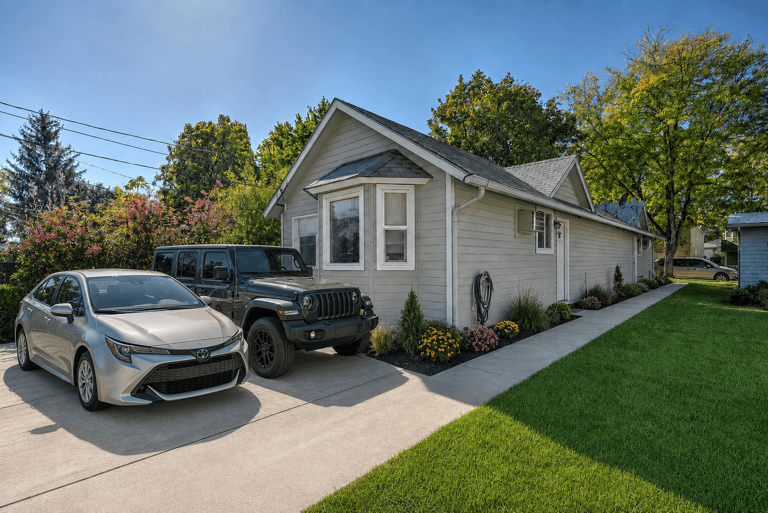 Silver sedan and black Jeep parked beside a small gray house with a green lawn.