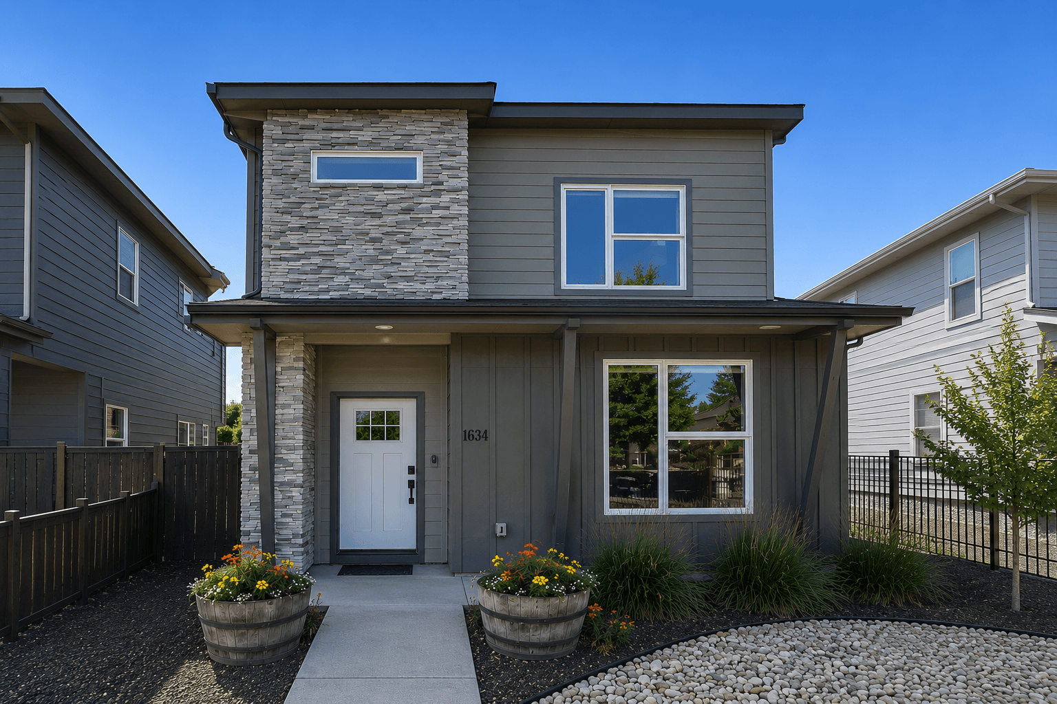 Modern grey home with stone accents, white door, and colorful flowers in barrel planters.