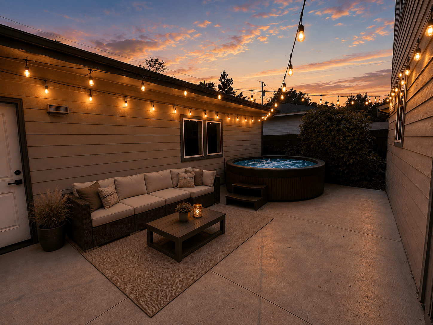 Cozy backyard patio with a sectional sofa and hot tub under glowing string lights at sunset.