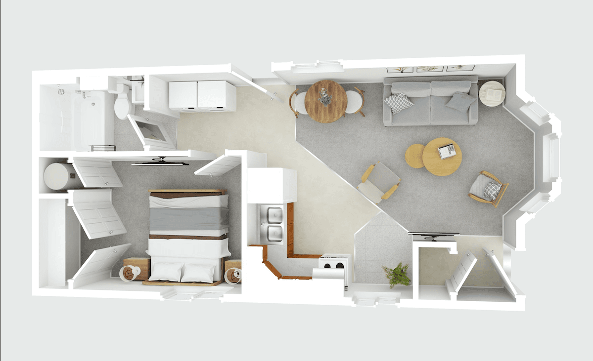 Overhead 3D floor plan of a one-bedroom apartment with modern furniture and neutral decor.