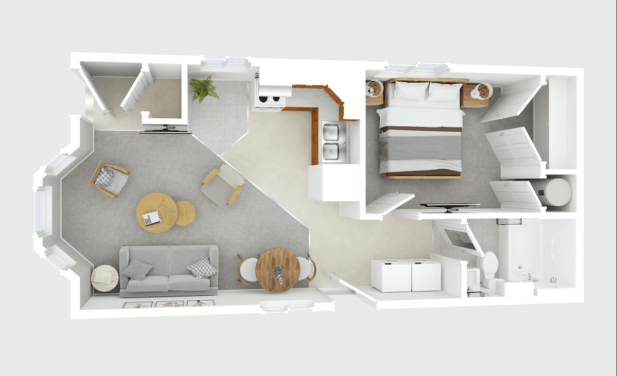 3D floor plan of a furnished one-bedroom apartment with living, kitchen, bedroom, and bathroom.