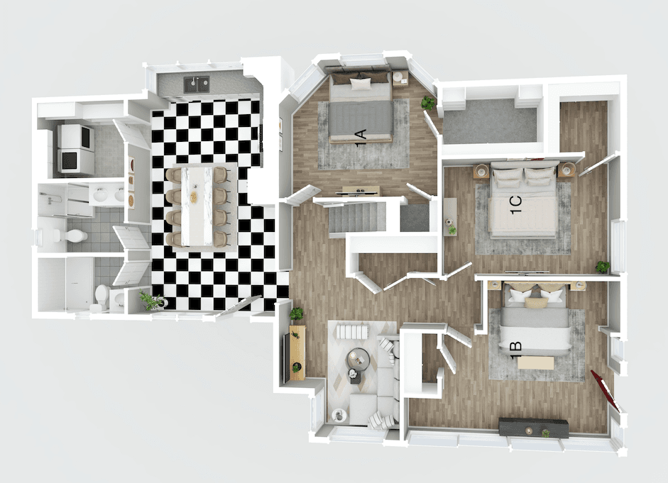 Modern 3D floor plan with three bedrooms, a checkered kitchen, and a furnished living area.
