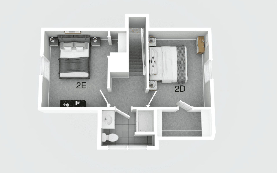 Overhead 3D floor plan showing two furnished bedrooms, a bathroom, and a central staircase.