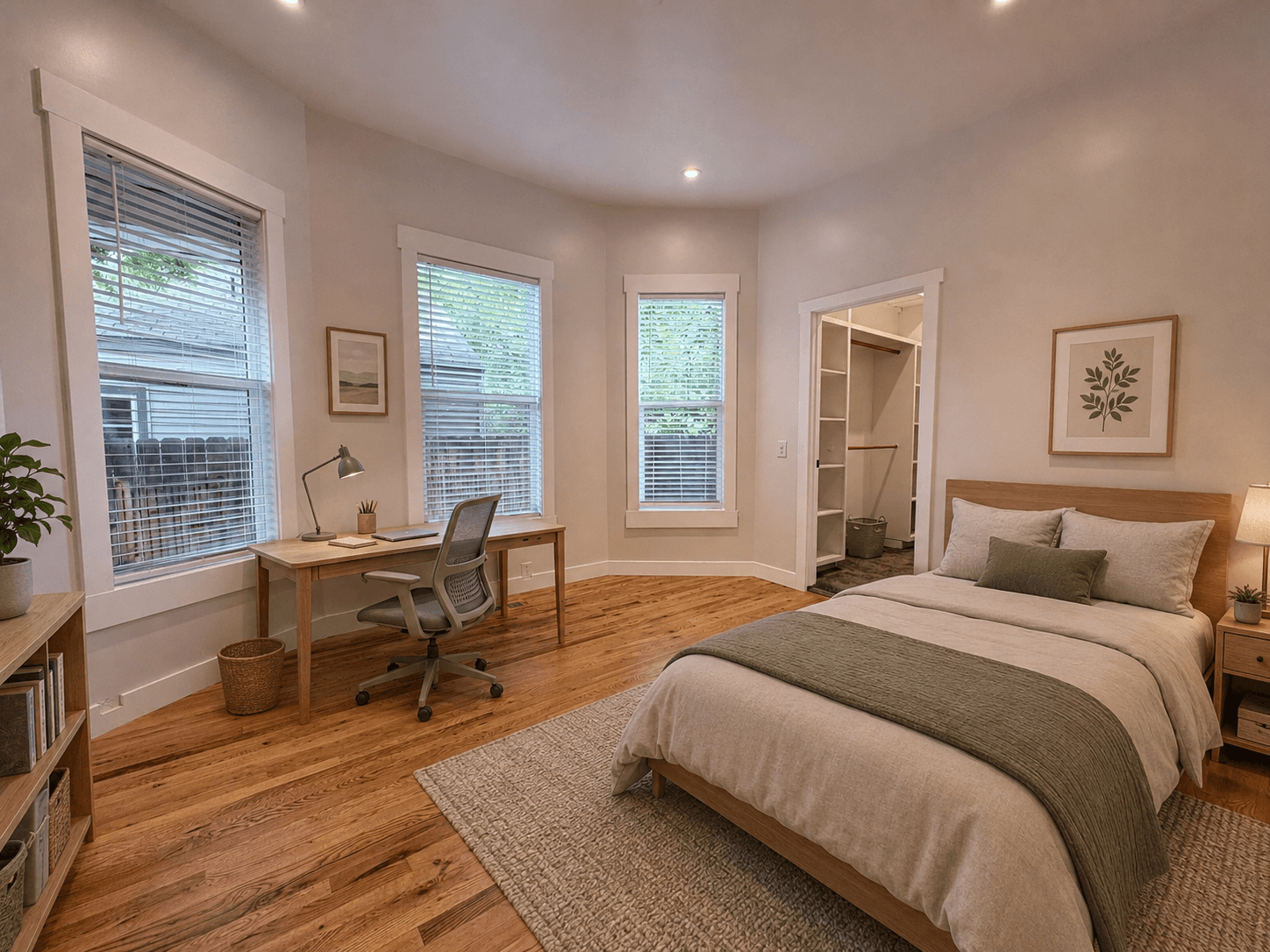Modern bedroom with a wooden desk, office chair, large windows, and green-accented bed.
